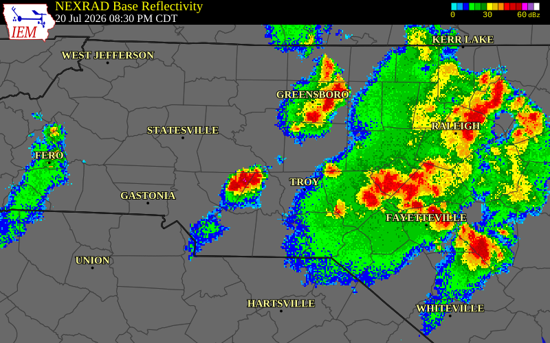 NEXRAD radar during the Monday, July 20, 2026 storm activity in Moore County, North Carolina