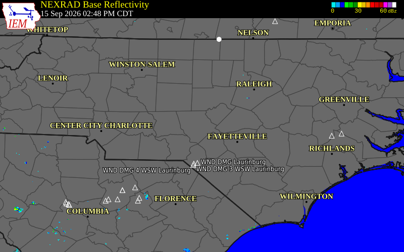 Current NEXRAD radar over Moore County, North Carolina with recent storm report locations