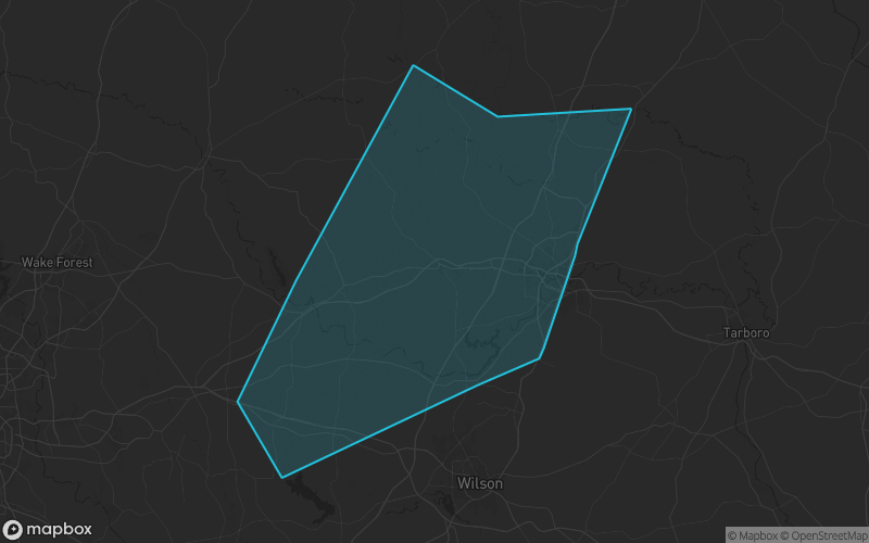 Map of Nash County, North Carolina showing the county boundary and surrounding cities