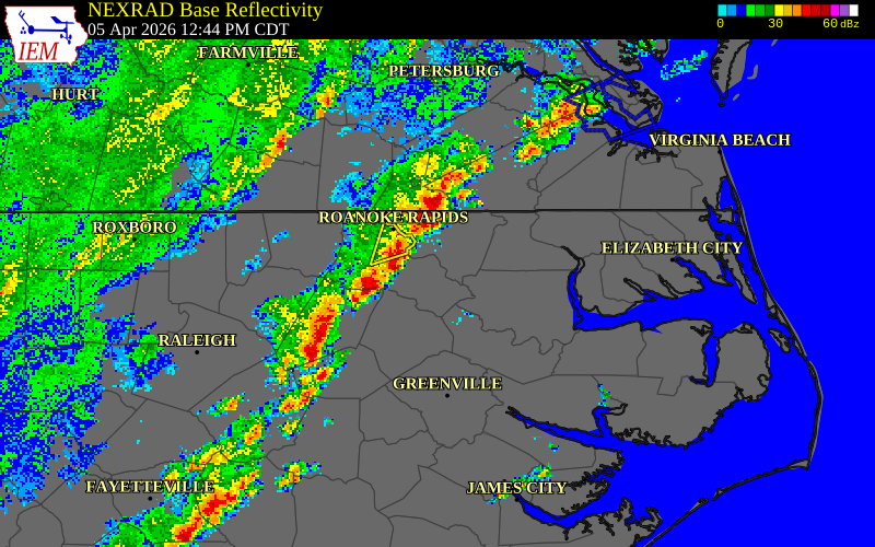 NEXRAD radar during the Sunday, April 5, 2026 storm activity in Nash County, North Carolina