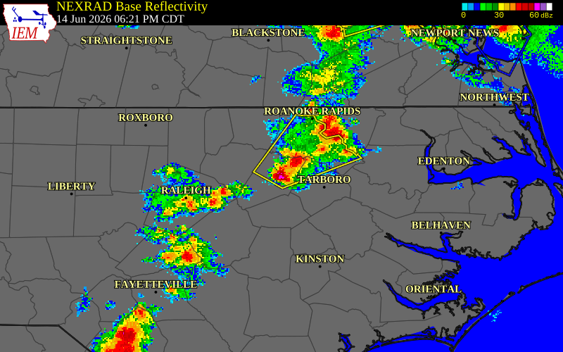 NEXRAD radar during the Sunday, June 14, 2026 storm activity in Nash County, North Carolina