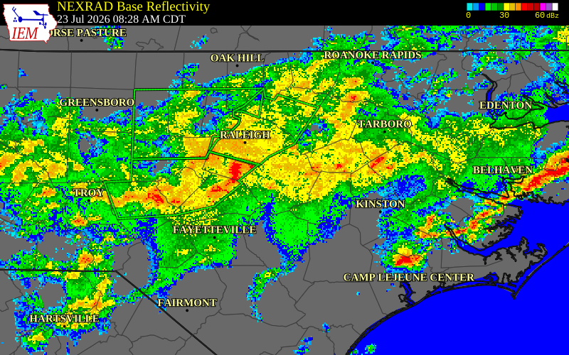 NEXRAD radar during the Thursday, July 23, 2026 storm activity in Nash County, North Carolina