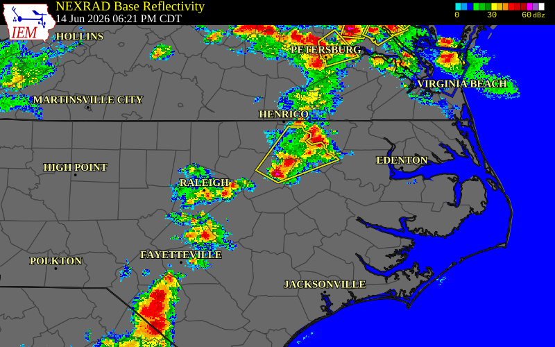 Radar snapshot during the Jun 14, 2026 hail event near 2 WSW Dortches, Nash County, North Carolina, with NWS warning polygons