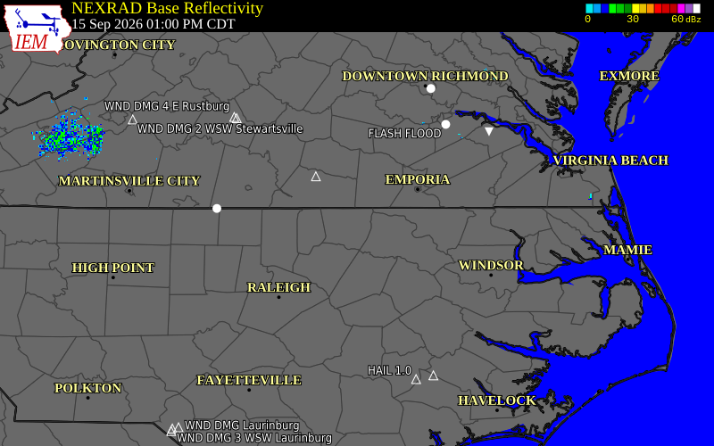 Current NEXRAD radar over Nash County, North Carolina with recent storm report locations