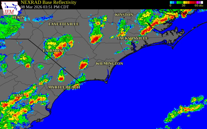 NEXRAD radar during the Sunday, March 8, 2026 storm activity in New Hanover County, North Carolina