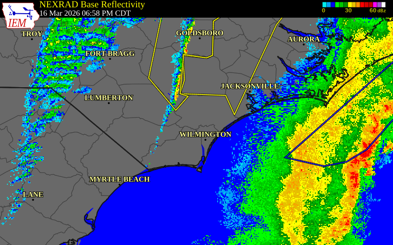 NEXRAD radar during the Monday, March 16, 2026 storm activity in New Hanover County, North Carolina