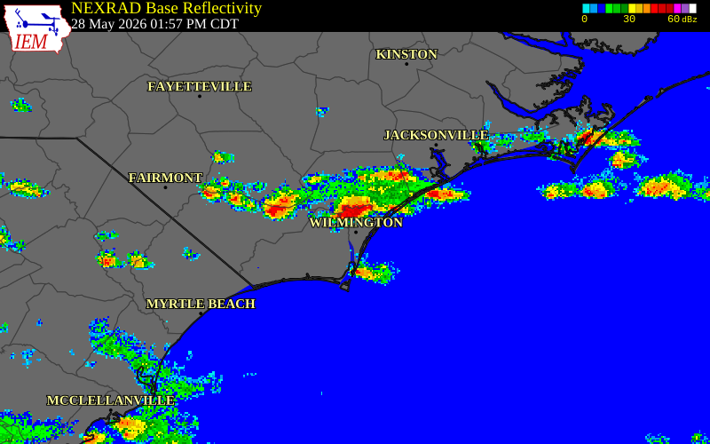 NEXRAD radar during the Thursday, May 28, 2026 storm activity in New Hanover County, North Carolina