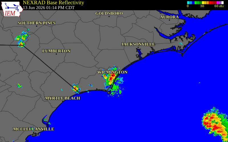 NEXRAD radar during the Saturday, June 13, 2026 storm activity in New Hanover County, North Carolina