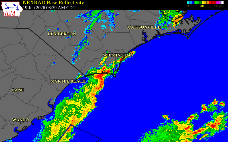 NEXRAD radar during the Friday, June 19, 2026 storm activity in New Hanover County, North Carolina
