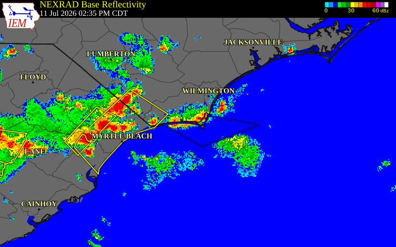 NEXRAD radar during the Saturday, July 11, 2026 storm activity in New Hanover County, North Carolina