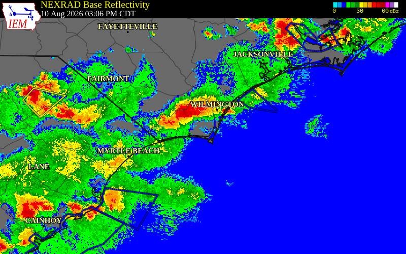 NEXRAD radar during the Monday, August 10, 2026 storm activity in New Hanover County, North Carolina