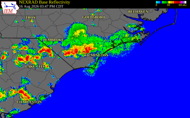 Radar snapshot during the May 28, 2026 wind event near Wilmington Intl Arpt, New Hanover County, North Carolina, with NWS warning polygons