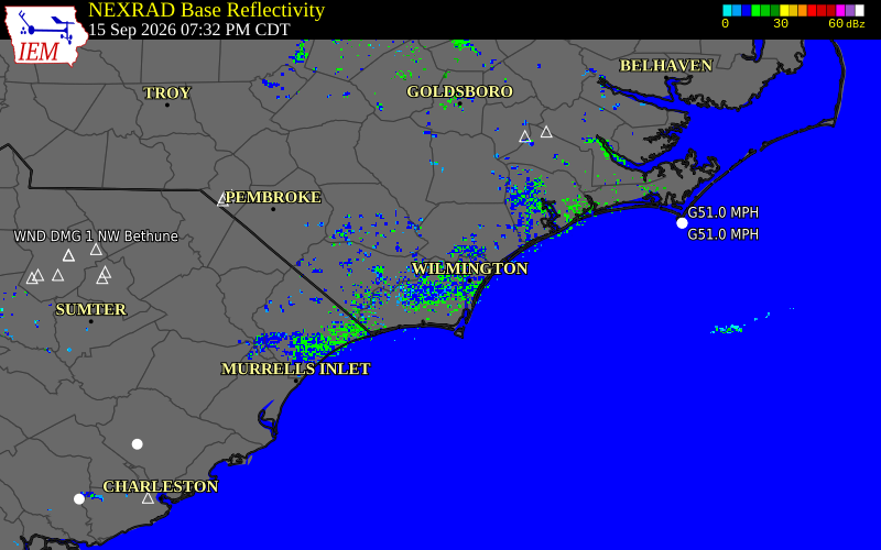 Current NEXRAD radar over New Hanover County, North Carolina with recent storm report locations