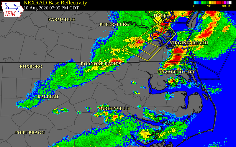 NEXRAD radar during the Monday, August 10, 2026 storm activity in Northampton County, North Carolina