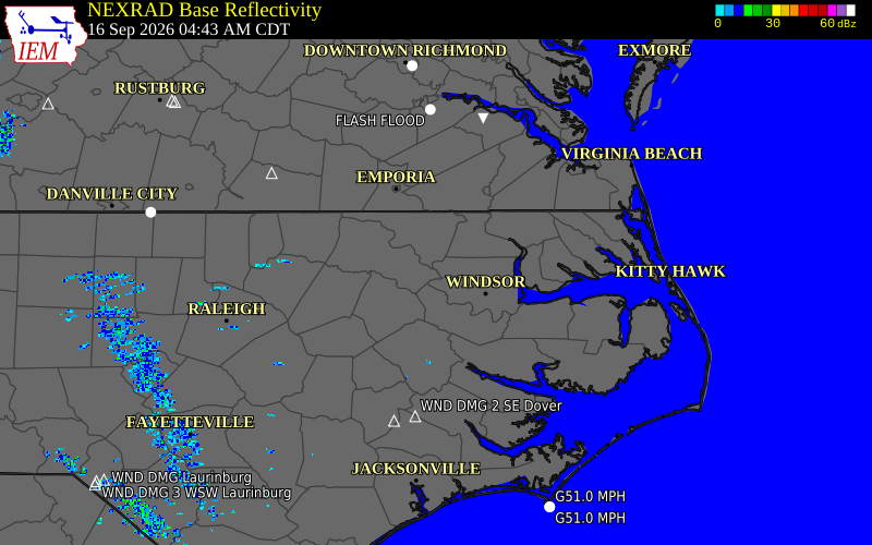 Current NEXRAD radar over Northampton County, North Carolina with recent storm report locations