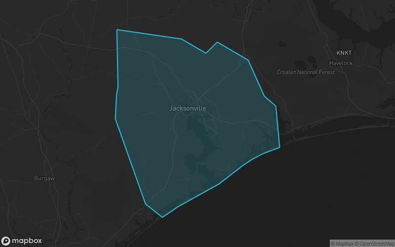 Map of Onslow County, North Carolina showing the county boundary and surrounding cities