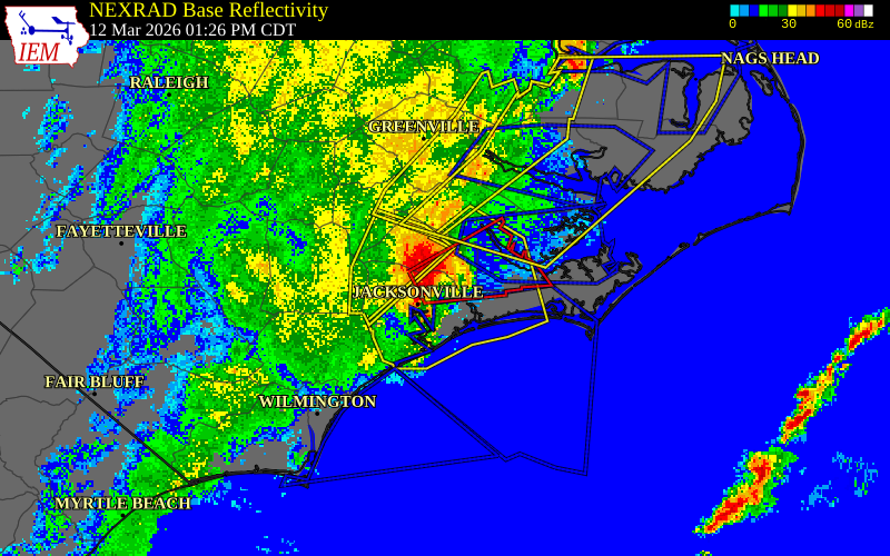 NEXRAD radar during the Thursday, March 12, 2026 storm activity in Onslow County, North Carolina
