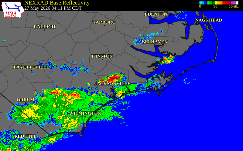 NEXRAD radar during the Wednesday, May 27, 2026 storm activity in Onslow County, North Carolina