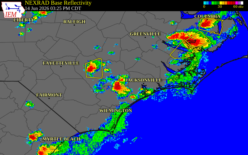NEXRAD radar during the Sunday, June 14, 2026 storm activity in Onslow County, North Carolina