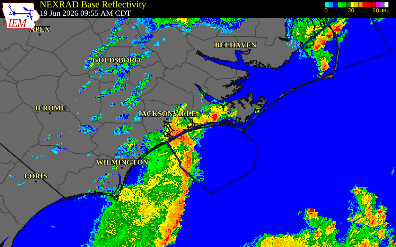 NEXRAD radar during the Friday, June 19, 2026 storm activity in Onslow County, North Carolina