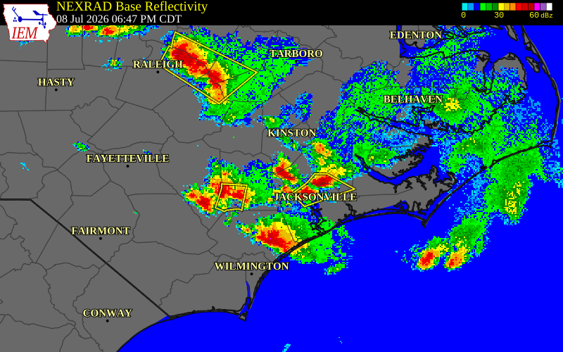 NEXRAD radar during the Wednesday, July 8, 2026 storm activity in Onslow County, North Carolina