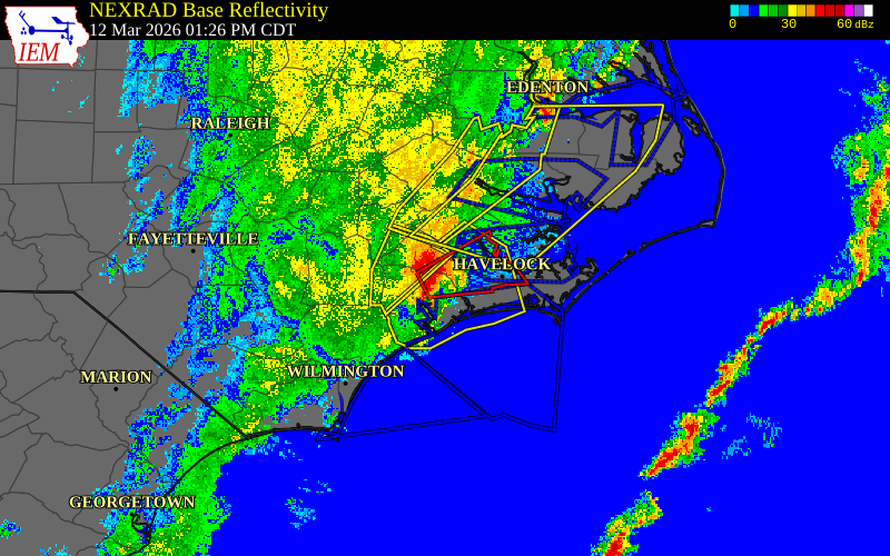 Radar snapshot during the Mar 12, 2026 tornado event near 2 W Maysville, Onslow County, North Carolina, with NWS warning polygons