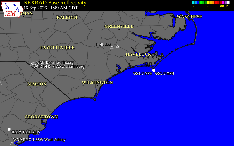 Current NEXRAD radar over Onslow County, North Carolina with recent storm report locations