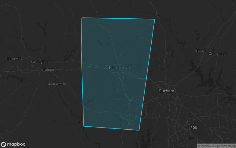 Map of Orange County, North Carolina showing the county boundary and surrounding cities