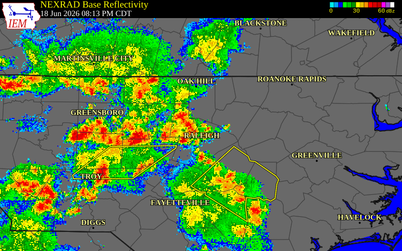 NEXRAD radar during the Thursday, June 18, 2026 storm activity in Orange County, North Carolina