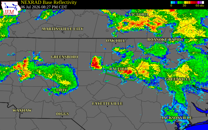 NEXRAD radar during the Monday, July 6, 2026 storm activity in Orange County, North Carolina