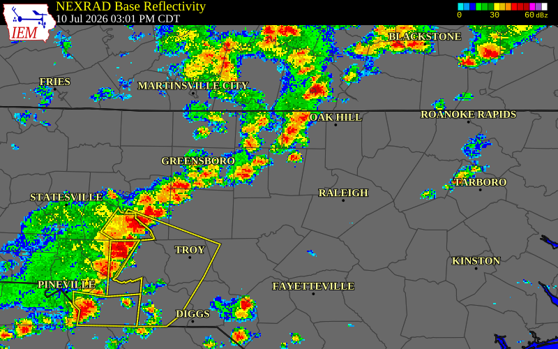 NEXRAD radar during the Friday, July 10, 2026 storm activity in Orange County, North Carolina