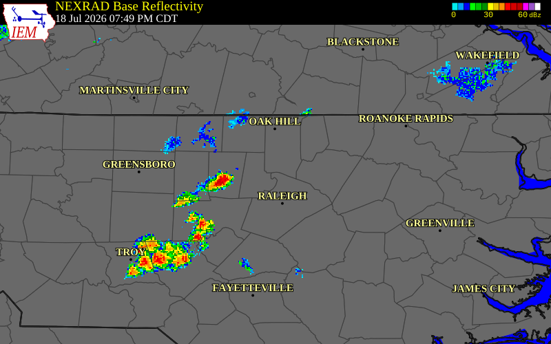 NEXRAD radar during the Saturday, July 18, 2026 storm activity in Orange County, North Carolina