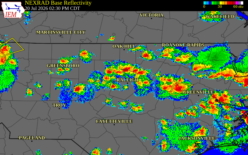 NEXRAD radar during the Monday, July 20, 2026 storm activity in Orange County, North Carolina