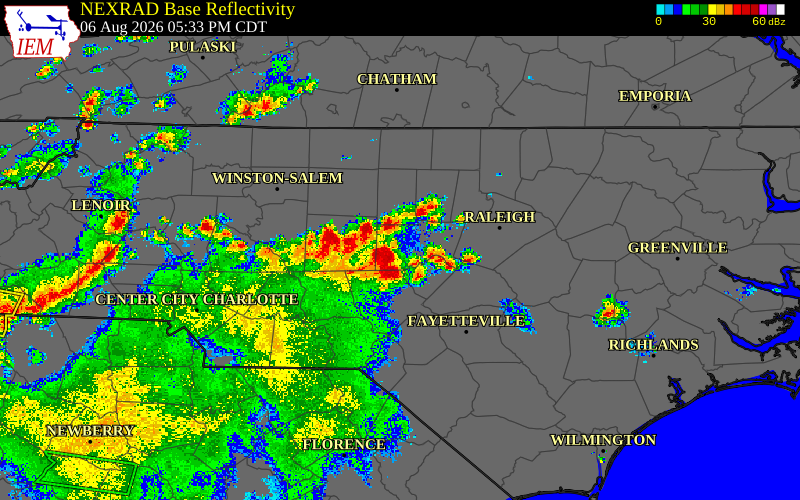 Radar snapshot during the Aug 6, 2026 wind event near Orange County, Orange County, North Carolina, with NWS warning polygons