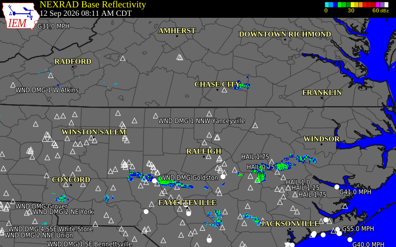 Current NEXRAD radar over Orange County, North Carolina with recent storm report locations