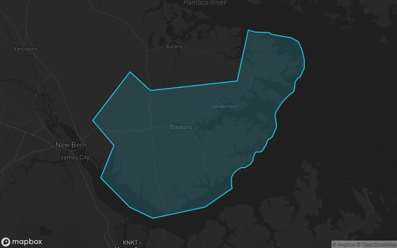 Map of Pamlico County, North Carolina showing the county boundary and surrounding cities