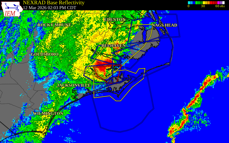 NEXRAD radar during the Thursday, March 12, 2026 storm activity in Pamlico County, North Carolina