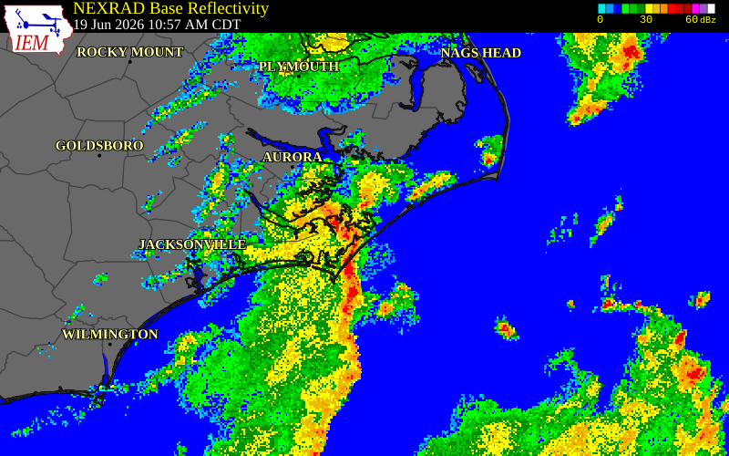 NEXRAD radar during the Friday, June 19, 2026 storm activity in Pamlico County, North Carolina