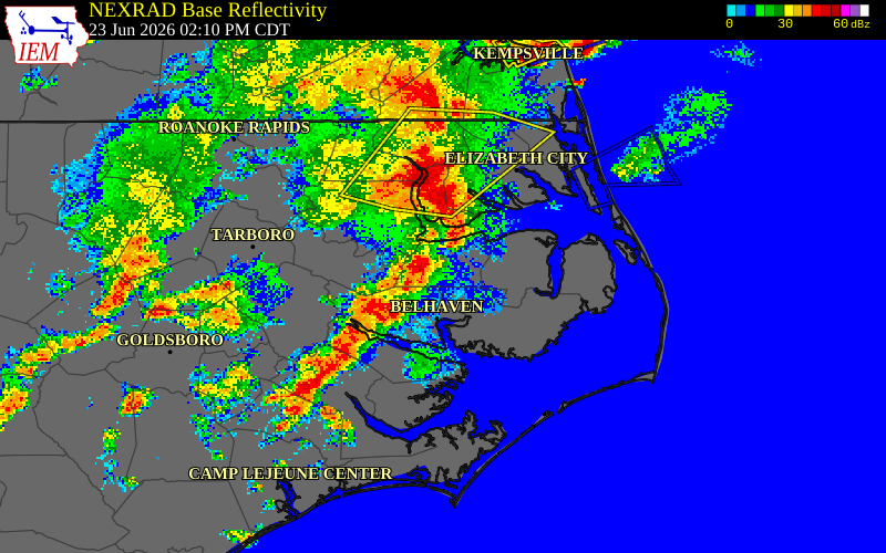 NEXRAD radar during the Tuesday, June 23, 2026 storm activity in Pamlico County, North Carolina