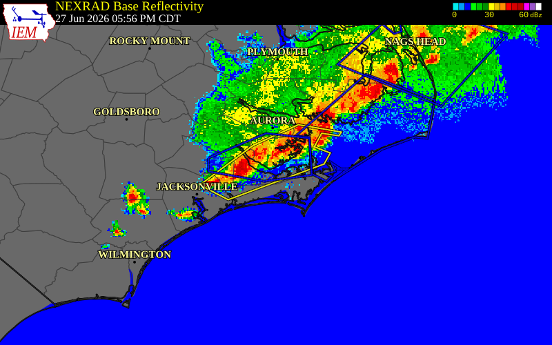 NEXRAD radar during the Saturday, June 27, 2026 storm activity in Pamlico County, North Carolina