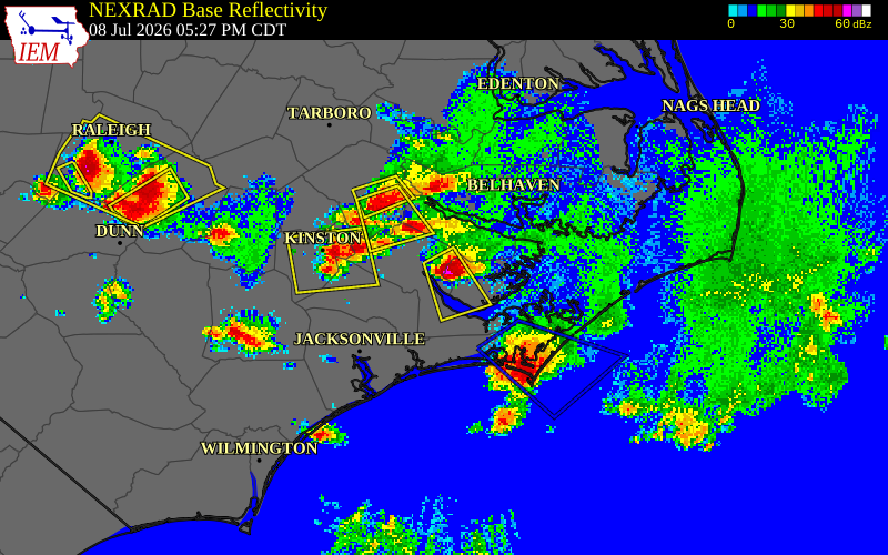 NEXRAD radar during the Wednesday, July 8, 2026 storm activity in Pamlico County, North Carolina