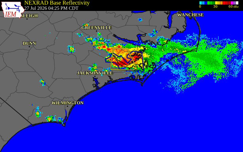 NEXRAD radar during the Monday, July 27, 2026 storm activity in Pamlico County, North Carolina