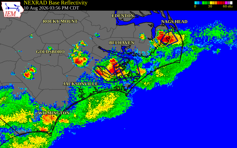 NEXRAD radar during the Monday, August 10, 2026 storm activity in Pamlico County, North Carolina