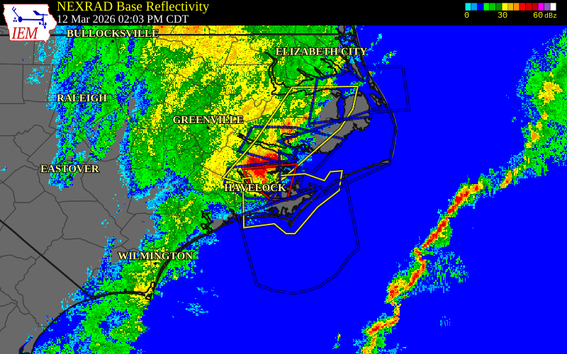 Radar snapshot during the Mar 12, 2026 tornado event near 1 E Whortonsville, Pamlico County, North Carolina, with NWS warning polygons