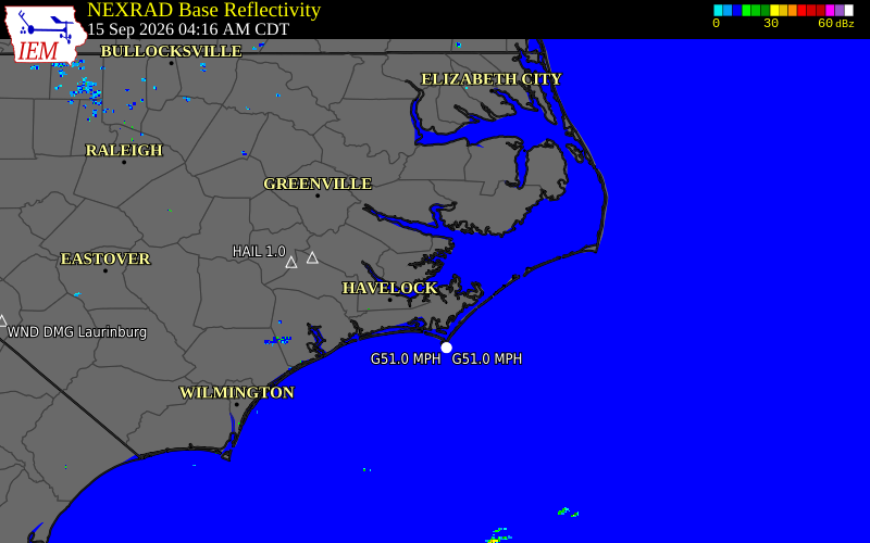 Current NEXRAD radar over Pamlico County, North Carolina with recent storm report locations