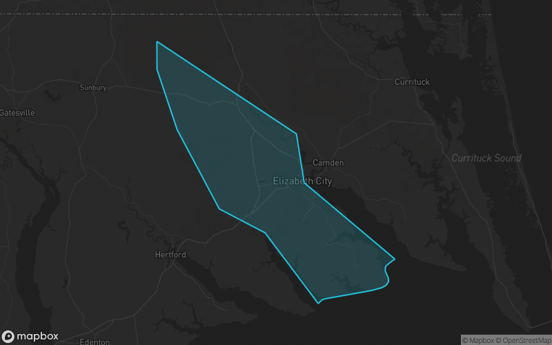 Map of Pasquotank County, North Carolina showing the county boundary and surrounding cities
