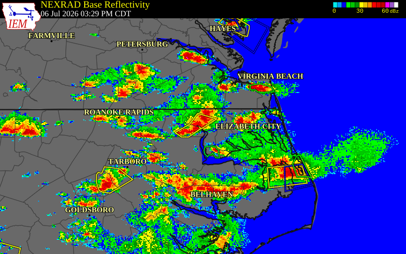 NEXRAD radar during the Monday, July 6, 2026 storm activity in Pasquotank County, North Carolina