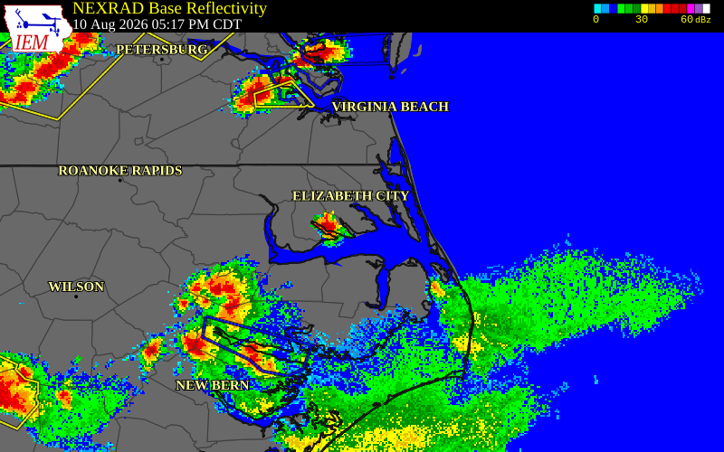 NEXRAD radar during the Monday, August 10, 2026 storm activity in Pasquotank County, North Carolina