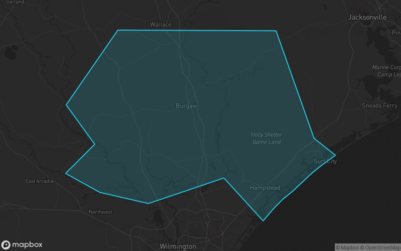 Map of Pender County, North Carolina showing the county boundary and surrounding cities