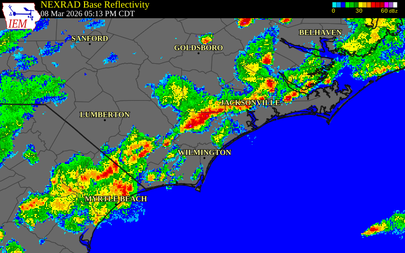 NEXRAD radar during the Sunday, March 8, 2026 storm activity in Pender County, North Carolina